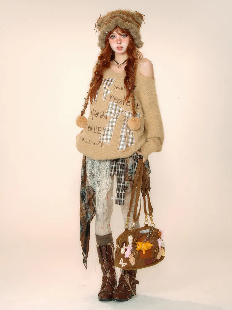 Belt Fabric Plaid Asymmetrical Skirt with and Coffee Lace Self-tie