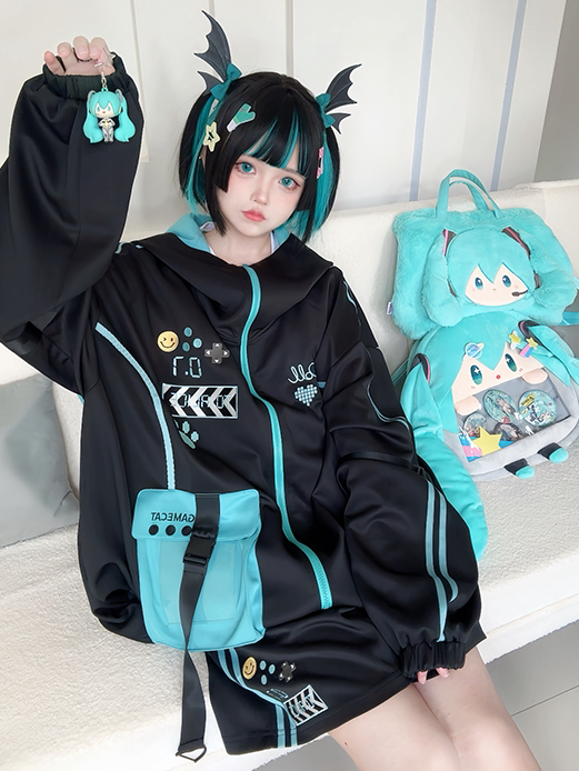 Hooded Techwear Black Futuristic Jacket Blue and Cyberpunk