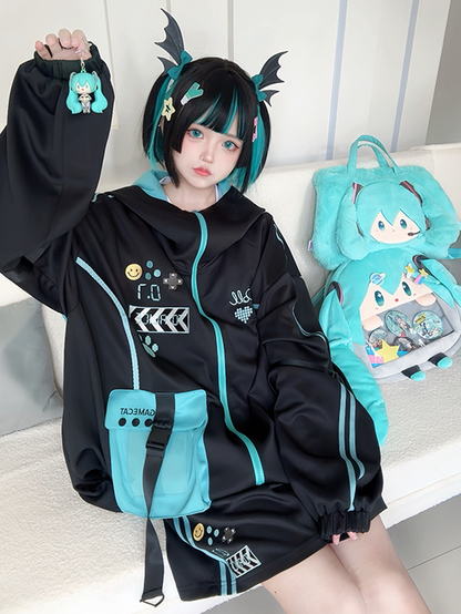 Hooded Techwear Black Futuristic Jacket Blue and Cyberpunk