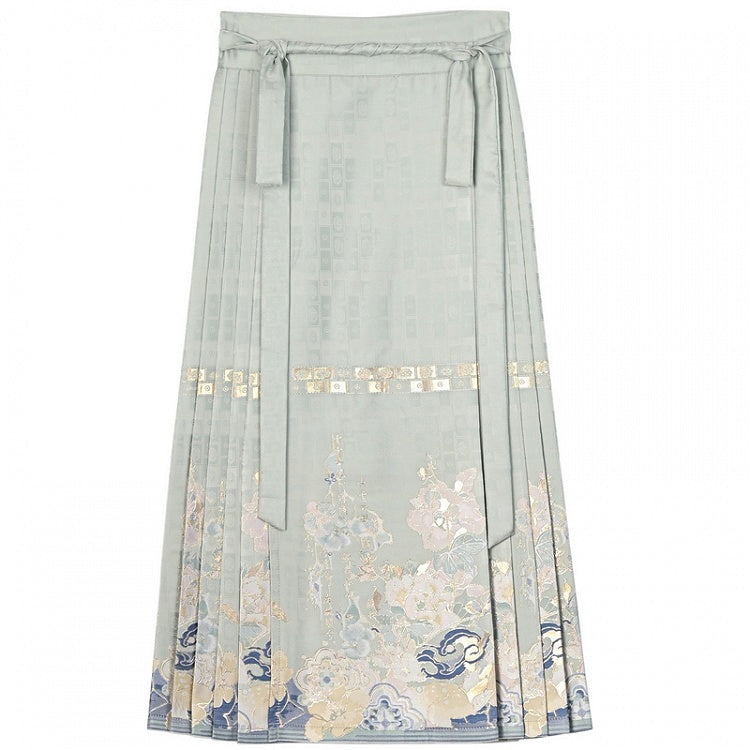 Cheongsam Jacquard Horse-face Embroidery Floral Style Skirt Green Pleated