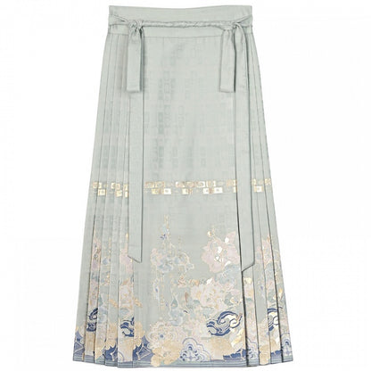 Cheongsam Jacquard Horse-face Embroidery Floral Style Skirt Green Pleated