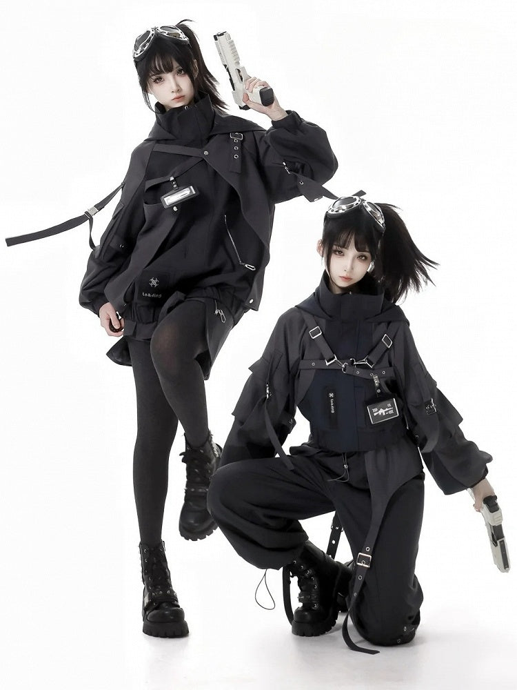 Black Buckle Straps Cyberpunk Skirt