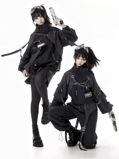 Black Buckle Straps Cyberpunk Skirt