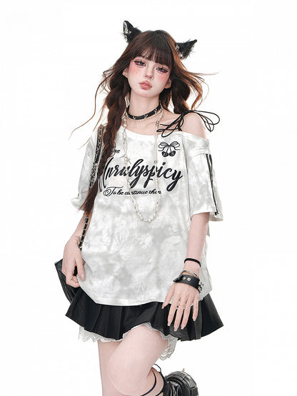 T-Shirt Loose White Asymmetrical Neckline Letter Bittersweet Print