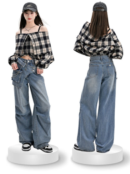 Wide-Leg Jeans Waistline Design Blue Asymmetrical