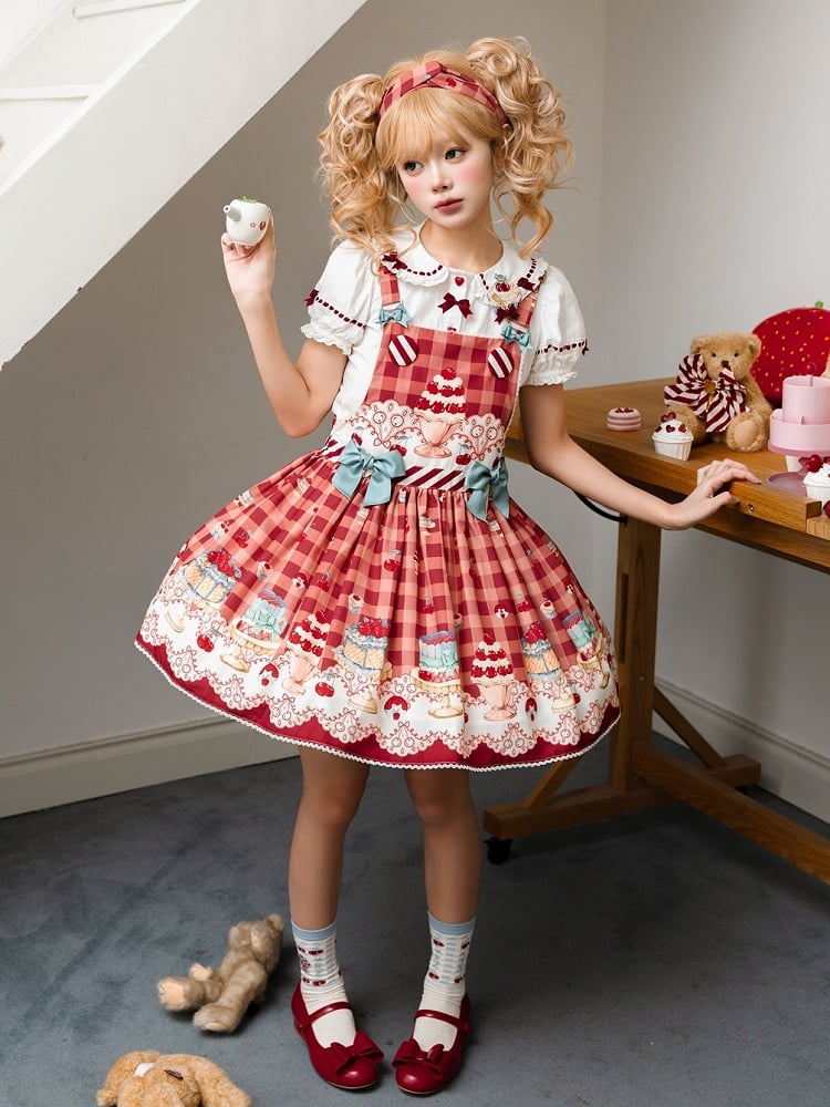Robe salopette Sweet Lolita rouge cerise et dessert