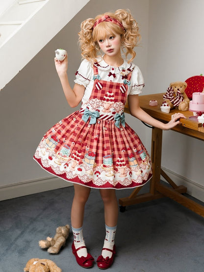 Robe salopette Sweet Lolita rouge cerise et dessert