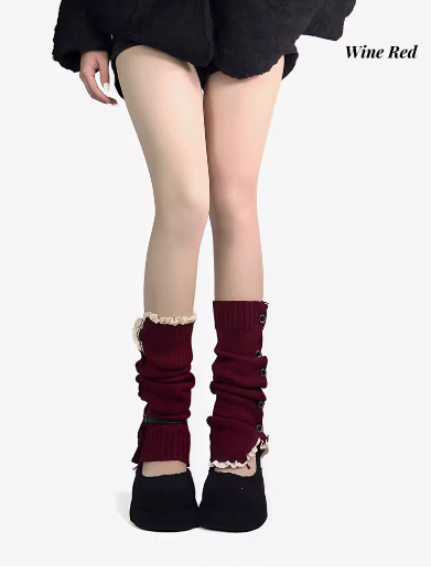 Lace Trim Buttons Knitted Leg Warmers