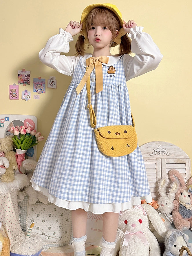 Robe à manches longues et col Peter Pan à carreaux bleu clair et motif poulet mignon