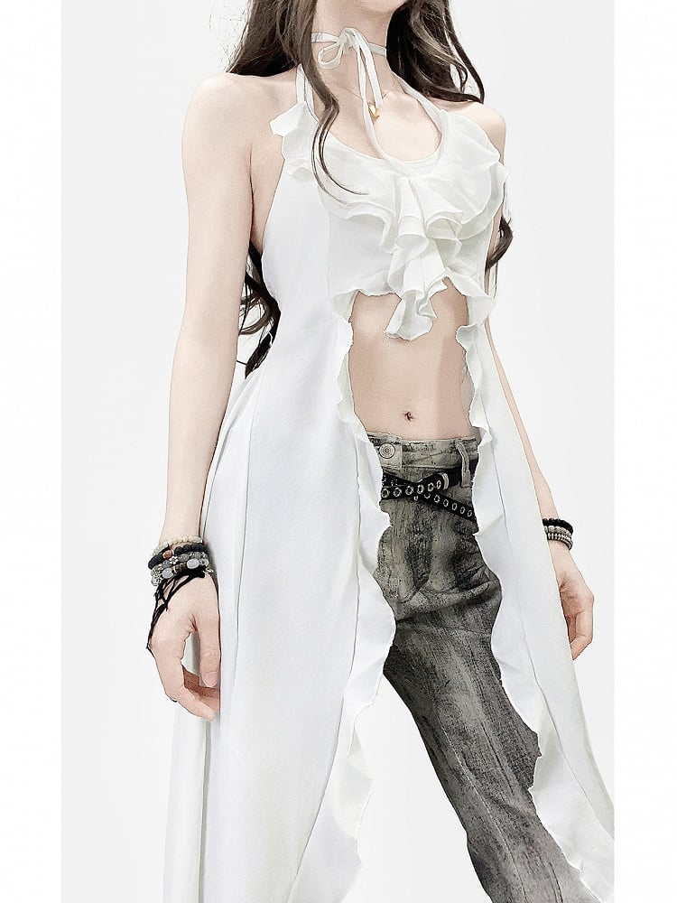 White Halter Design Neck Holiday High-low Top