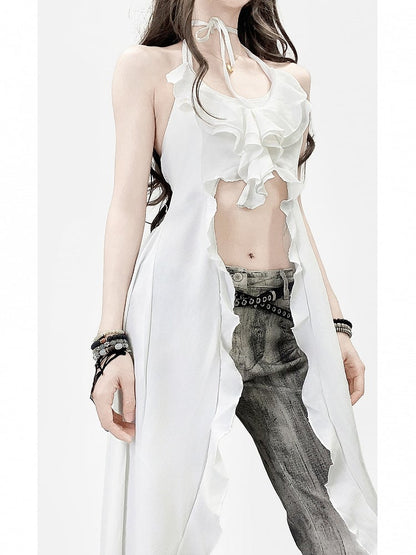 White Halter Design Neck Holiday High-low Top
