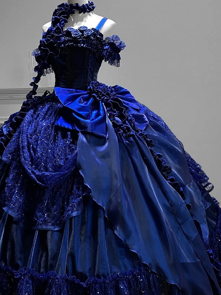Starry Night Dark Blue Hanayome Roses Neckline Boned Bodice Floor Length Lolita Goth Dress Ball Gown