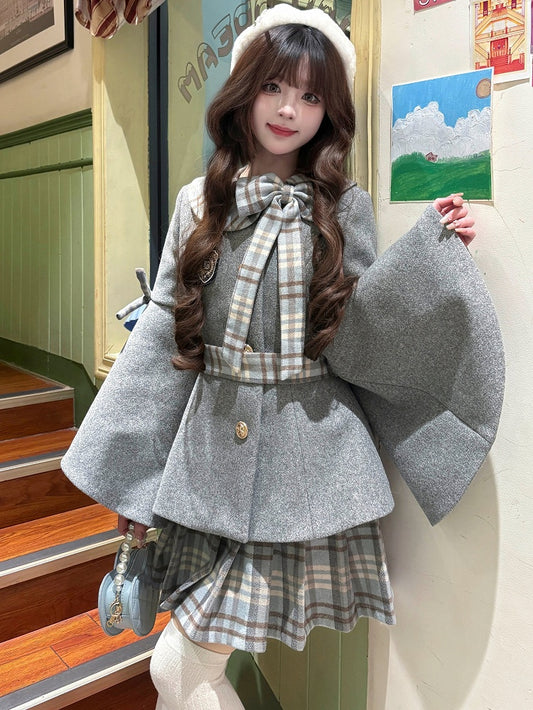 Grey Preppy Style Bell Sleeves Jacket with Plaid Bow Accent + Grey Plaid Pleated Skirt Set