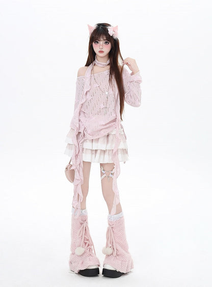 Free Cherry Blossom Pink Asymmetrical Hem Butterfly Coverup Scarf with Accents