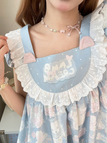 Adorable Lamb Print Sweet Lolita Dress Blue Square Neck Puff Sleeve