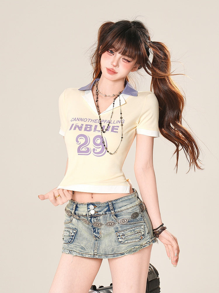 V-Neck Pink/Yellow/Blue and Number Print T-Shirt Letter