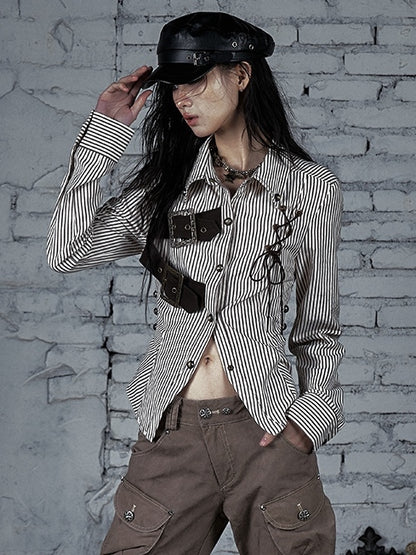 BrownWhite Buckle Lace-Up Pattern Striped Design Wasteland Decorated Shirt Punk