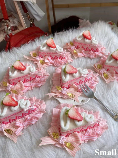 Triangle Print Hat Decoration Sweet Strawberry Mini Cake Bow with Pink Lolita