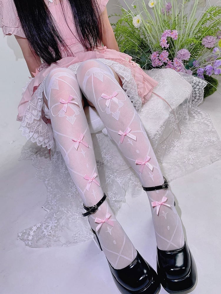 Bas semi-transparents au-dessus du genou avec nœud blanc et rose