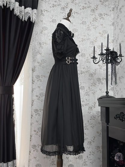 Saum Rüschen Stufenkleid Jirai Kei Schwarz Chiffon Herz Schnallen Taille