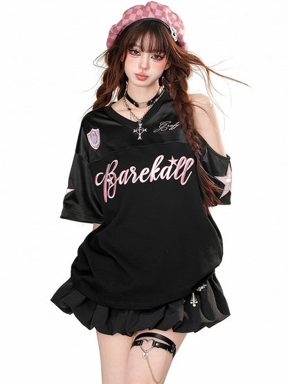 White/Black Letters Cutout Shoulder V-neck Sporty T-shirt