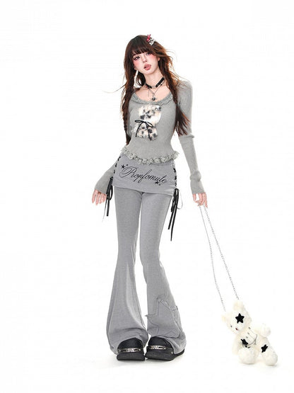 Grey Star Applique Glamorous Flared Pants with Lace-up Detail at Side