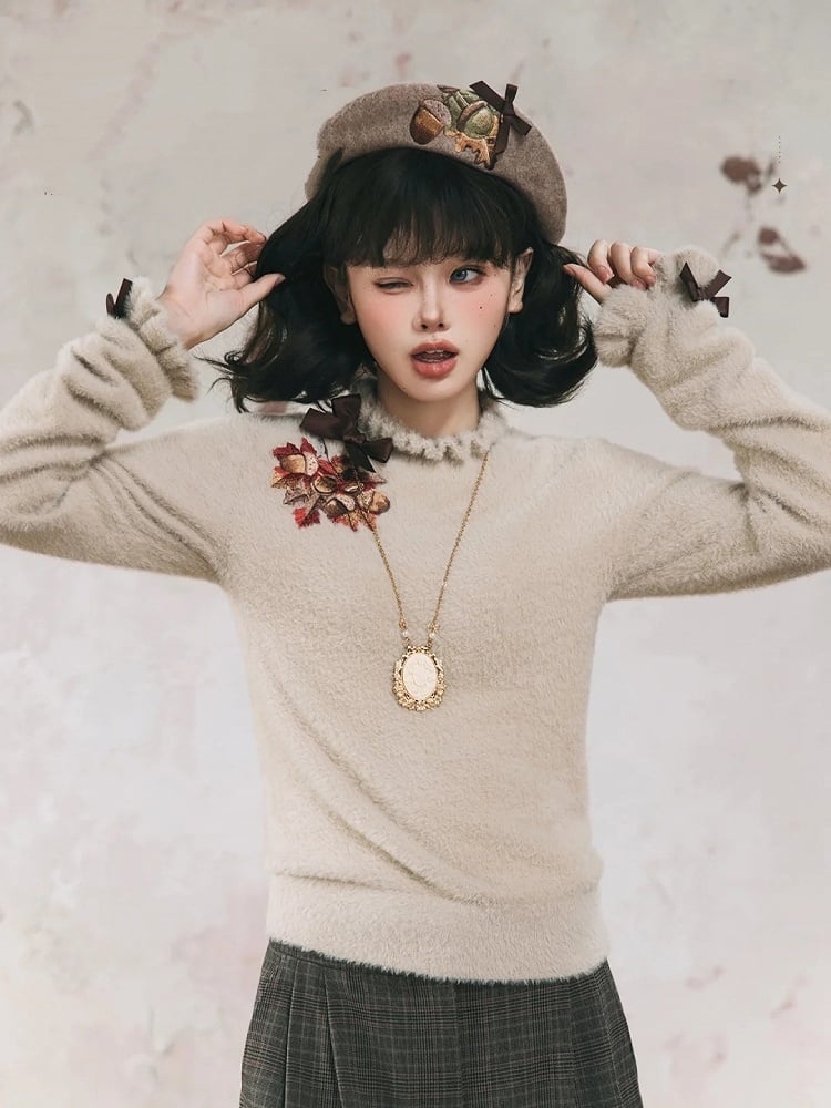 Autumn Top Bowknot Cuffs Neckline Embroidery Knit on Leaf Maple Khaki