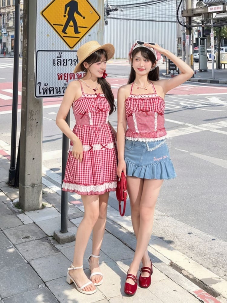 Akzente Spitze Sommer Trim Urlaub Cami Kleid Bowknot Rot und Weiß Plaid