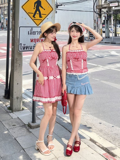 Akzente Spitze Sommer Trim Urlaub Cami Kleid Bowknot Rot und Weiß Plaid