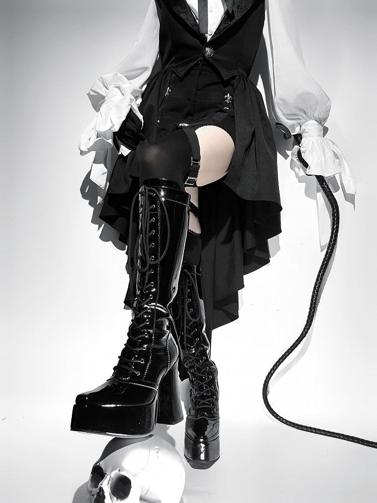 Boots Knee-high Lace-up Ties Front Black Block Heel Platform Polished High Gothic