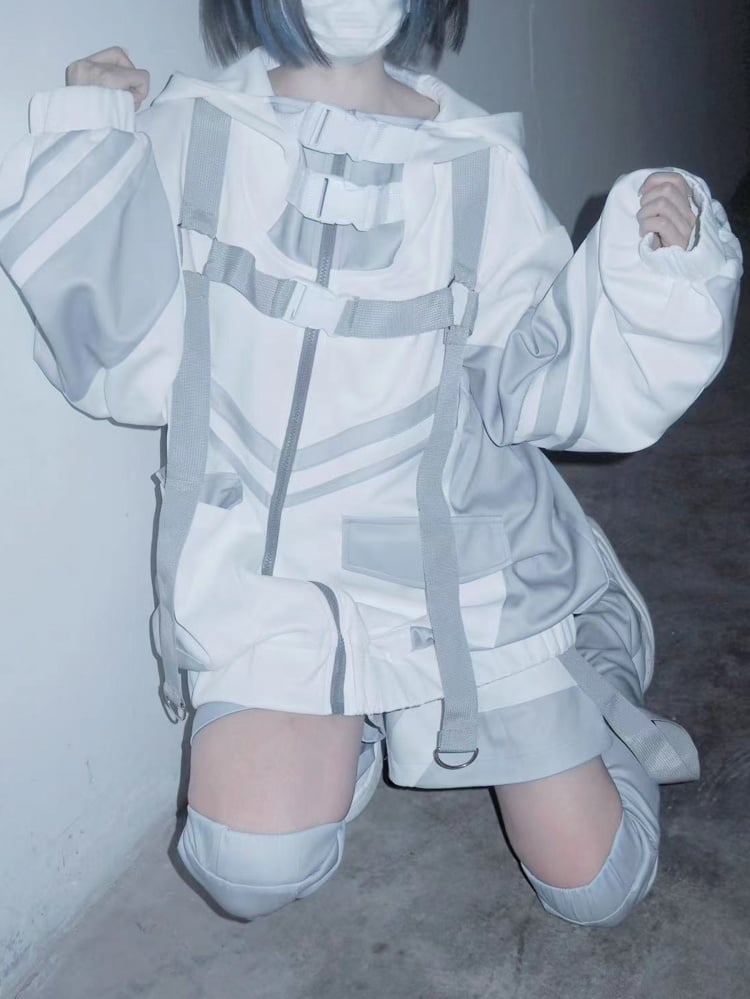 White & Gray Cyberpunk Buckle Straps Jirai Kei Hooded Zip Jacket