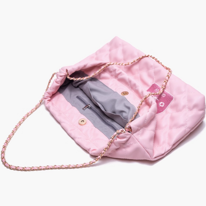 Quilted Drawstring Shoulder Black Diamond Bag With Clover And Letter Embroidery Chic