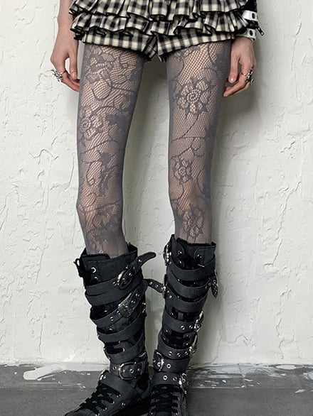 Pattern White/Black/Gray Tights Floral Y2K