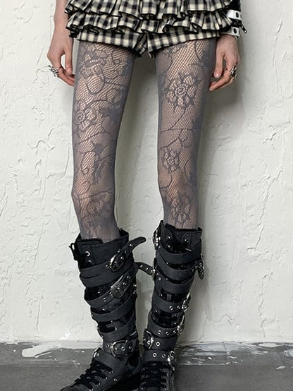 Pattern White/Black/Gray Tights Floral Y2K