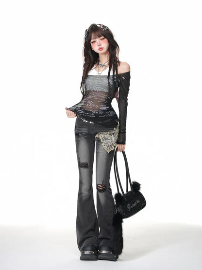 Black/Pink Top Graffiti Fake Two-pieces Halter Neck