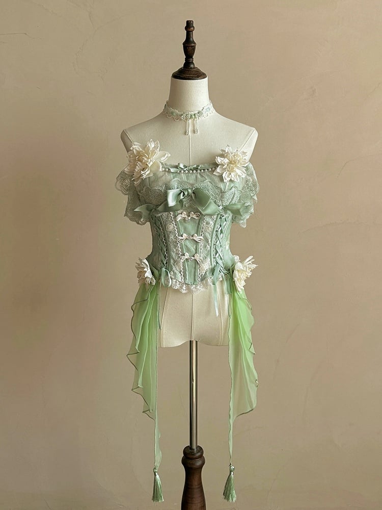 Green Top Frog Buttons Print Corset Skirt + and Jasmine-Embellished Floral Waist Lolita
