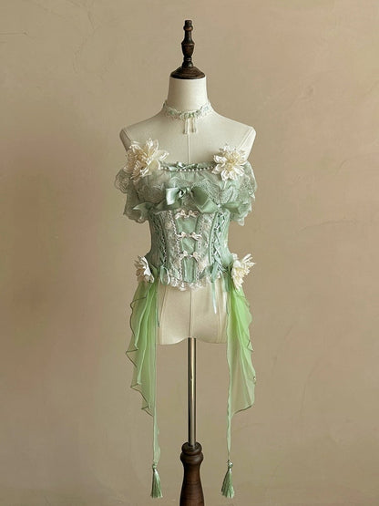 Green Top Frog Buttons Print Corset Skirt + and Jasmine-Embellished Floral Waist Lolita