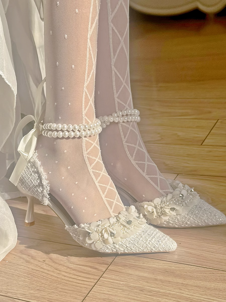 Beige Pointed Toe Floral High Heels with Beaded Chain