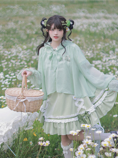 Semi-sheer Frog Hood Sun Protection Top Light Green Chiffon