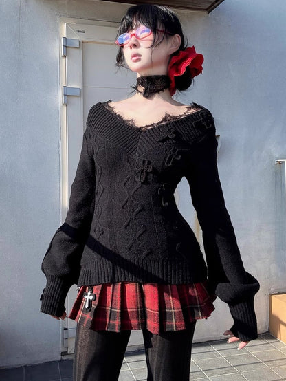 Gothic Red Cross Charms Plaid Woolen Pleated Mini Skirt