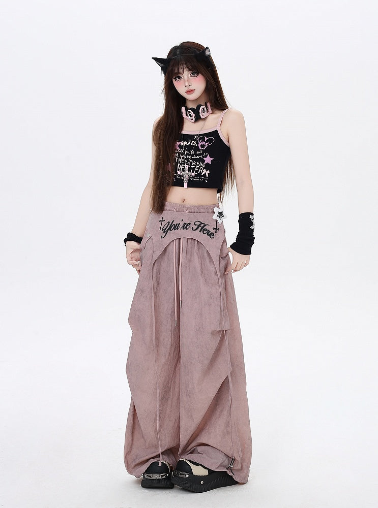 Accessory Punk Pants with Asymmetrical Dusty Pink Drawstring Waist Wasteland Waist