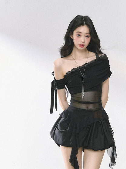 Blue/Black Cascading Ruffle Accents Mesh Top White Asymmetrical Neckline