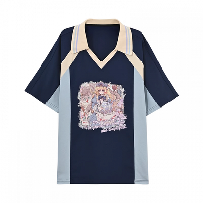 Version Marineblaues Colorblock-Design, V-Ausschnitt, Anime-Mädchen-Print, lang/kurz