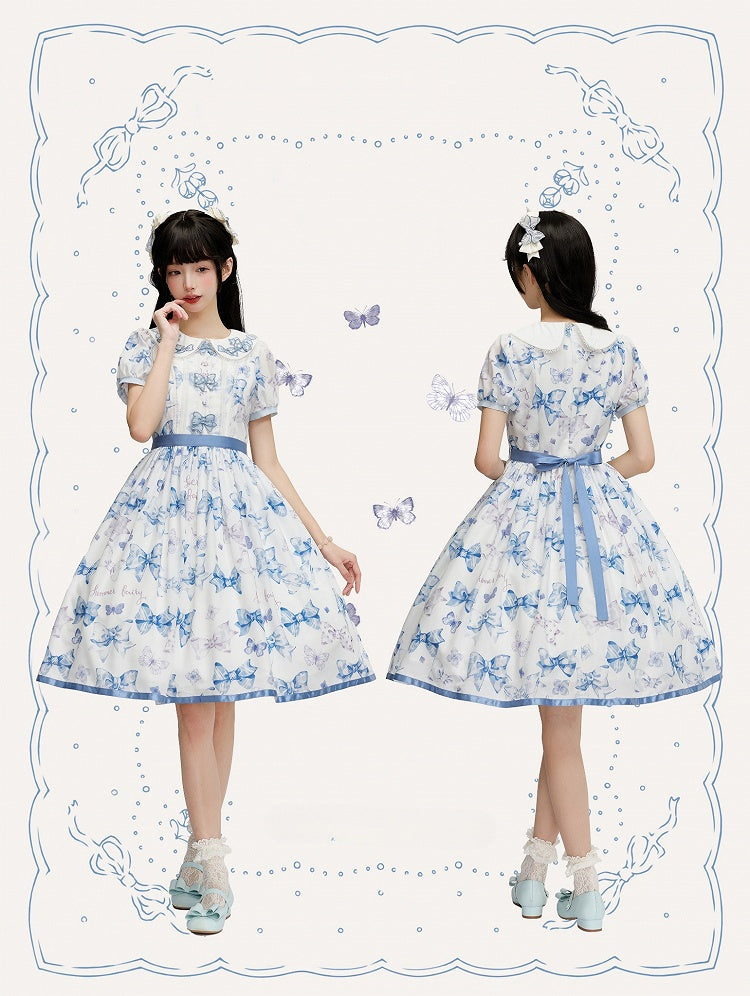 Robe Lolita bleue à col Peter Pan et nœud papillon, une pièce