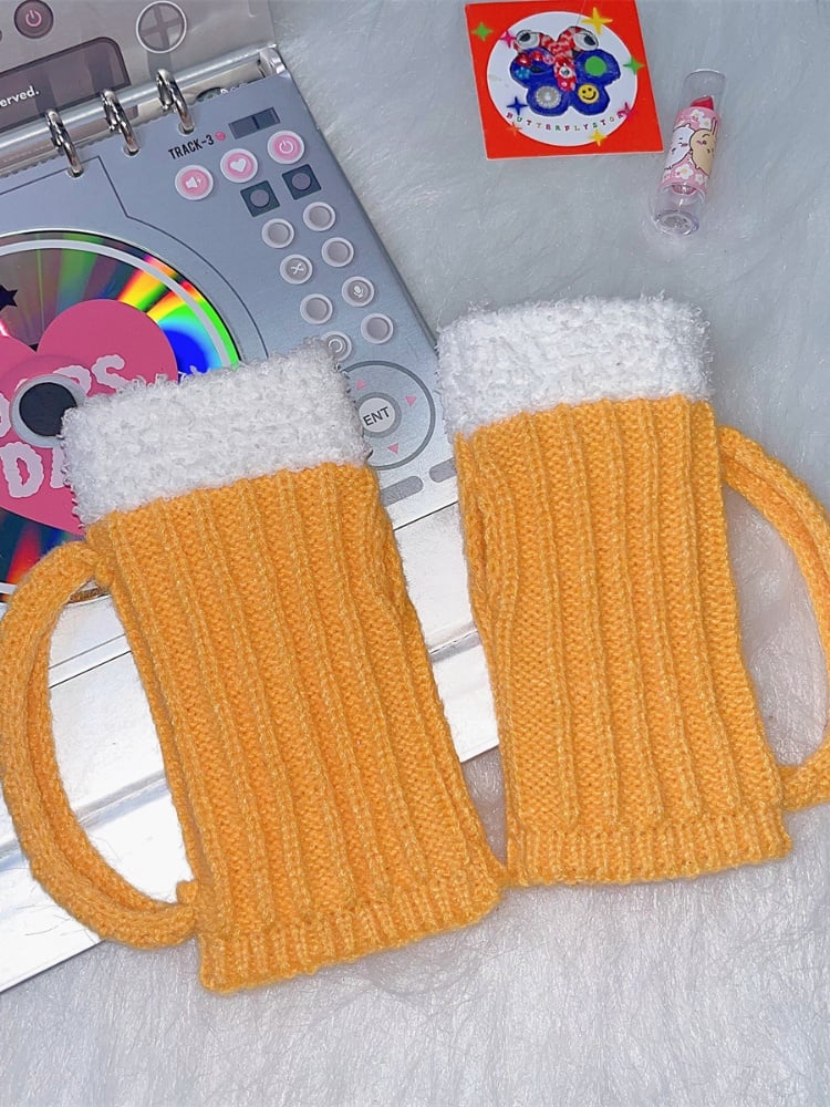 Yellow Beer Mug-shaped Knitted Gloves