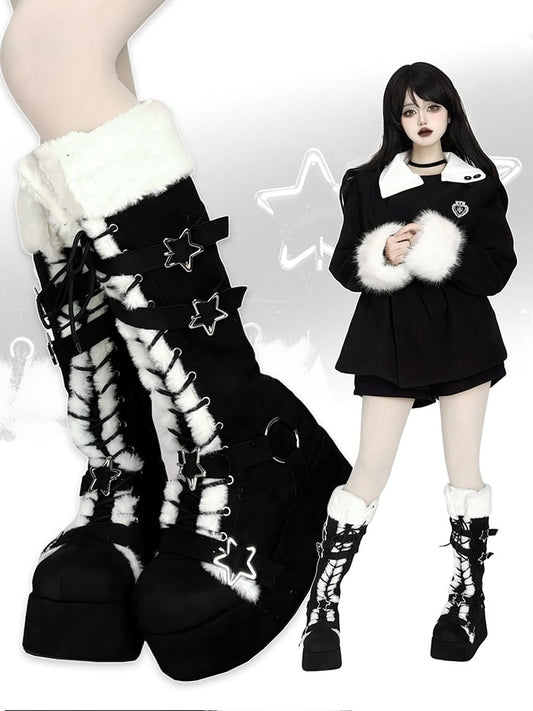 Y2K Black Star Buckle Straps Plush Trim Platform Boots