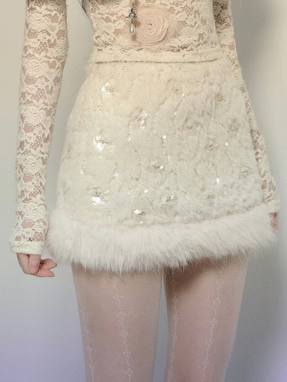 Apricot Sequins Detail Plush Mini Skirt