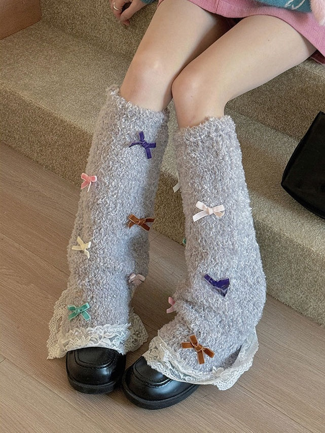 White Sweet Bowknot Lace Trim Leg Warmers