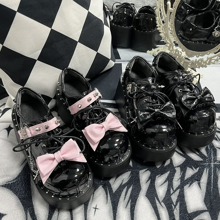 Y2K Polished Black&Pink Stud Bowknot Spider Punk Platform Shoes