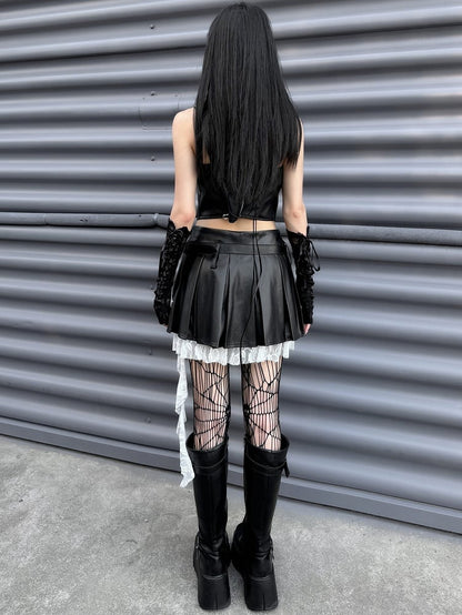 Punk Rock Black Cross Appliques PU Patchwork Box Pleat Skirt